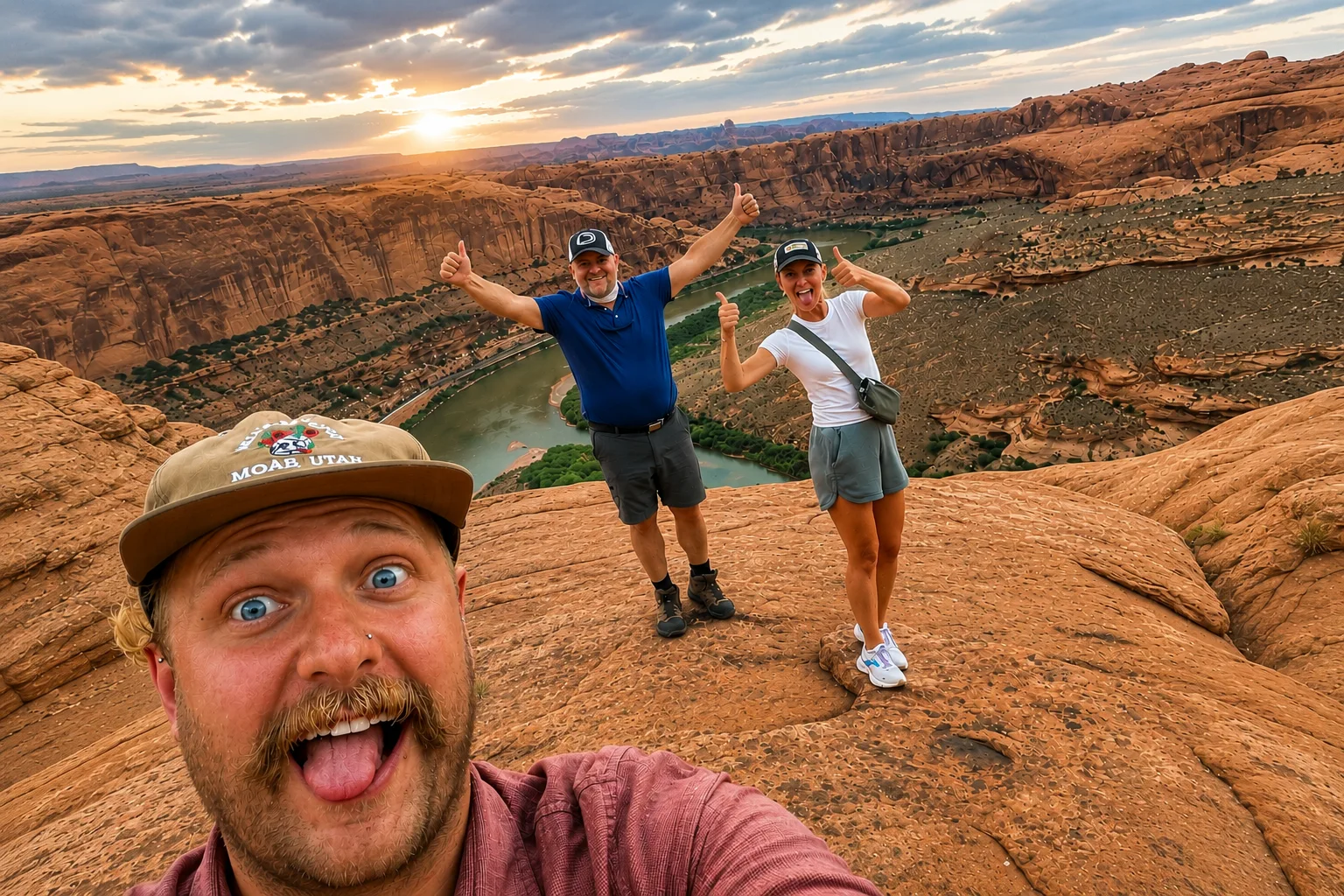 Travelers at a canyon overlook in the evening light